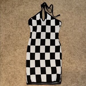 Fashion Nova Black & White Checker Halter Mini Dress